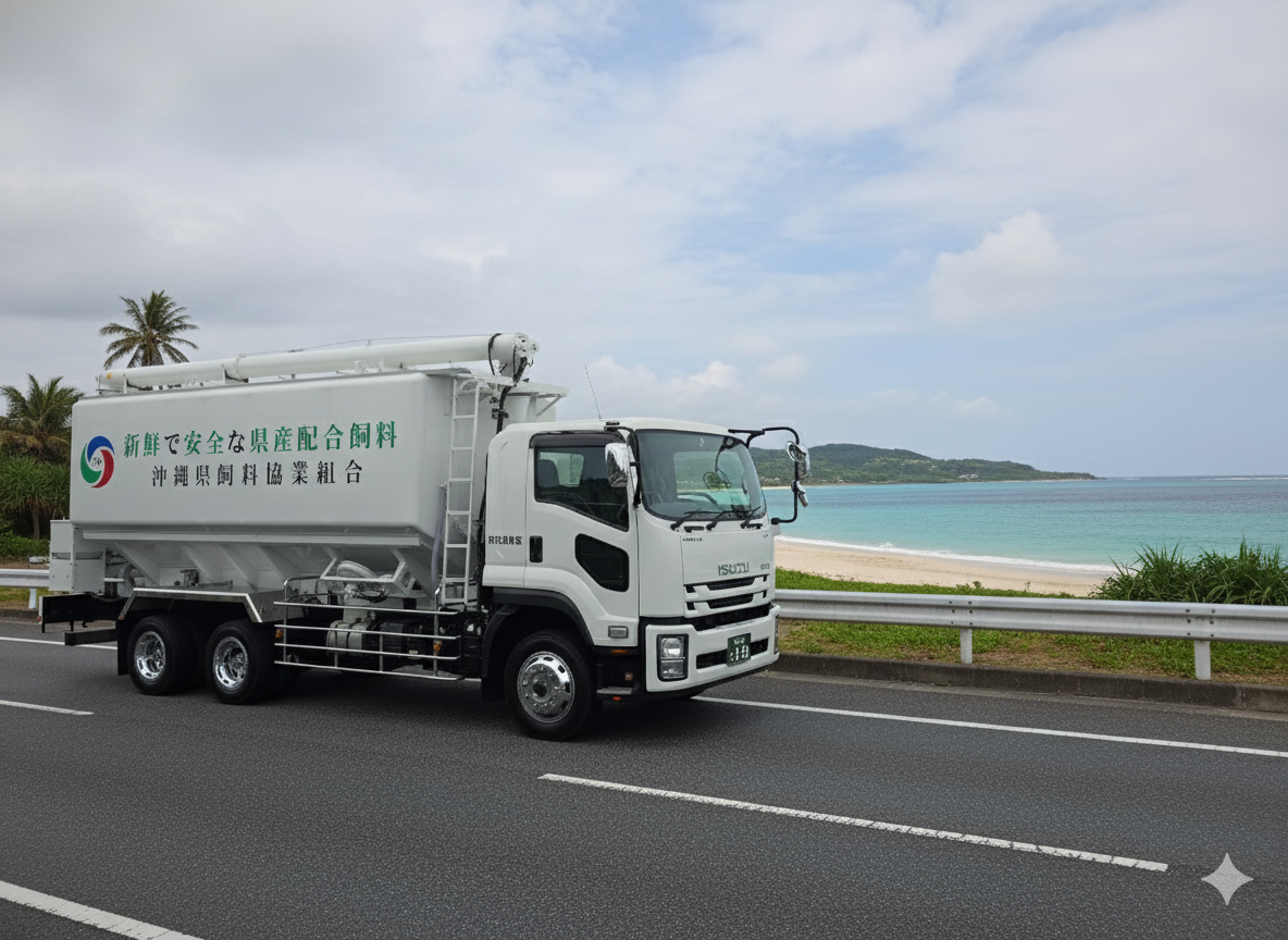 丸協農産のバルク車が沖縄の海岸線を走る風景